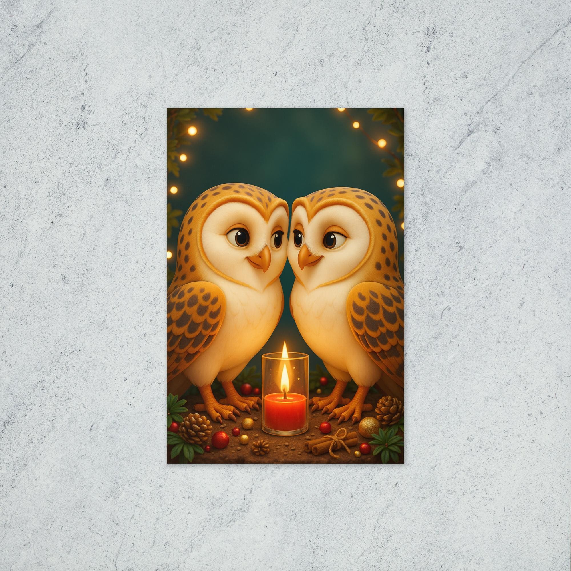 A Christmas card featuring two owls looking at each other lovingly as they stand on a tree stump decorated with a red votive candle.