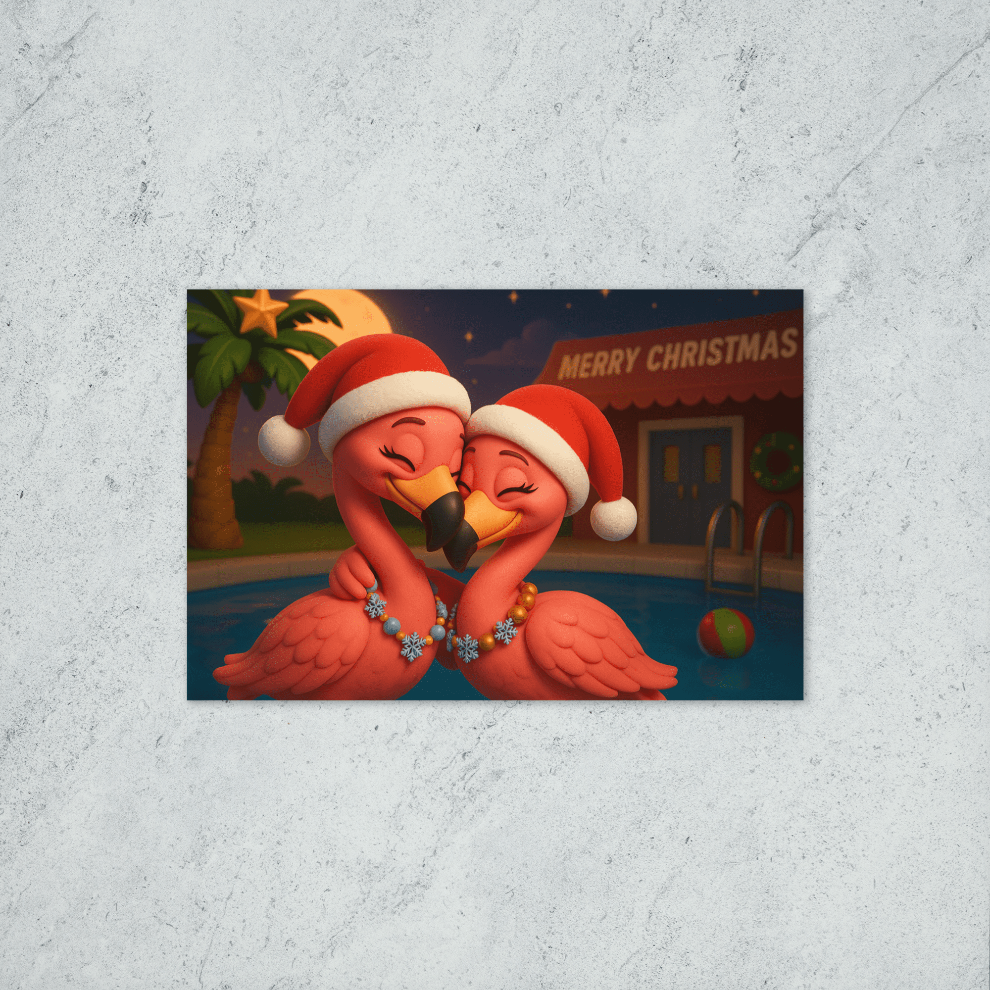 A Christmas card featuring two pink flamingos wearing red hats and snowflake necklaces in front of a pool and a palm tree decorated with a star.