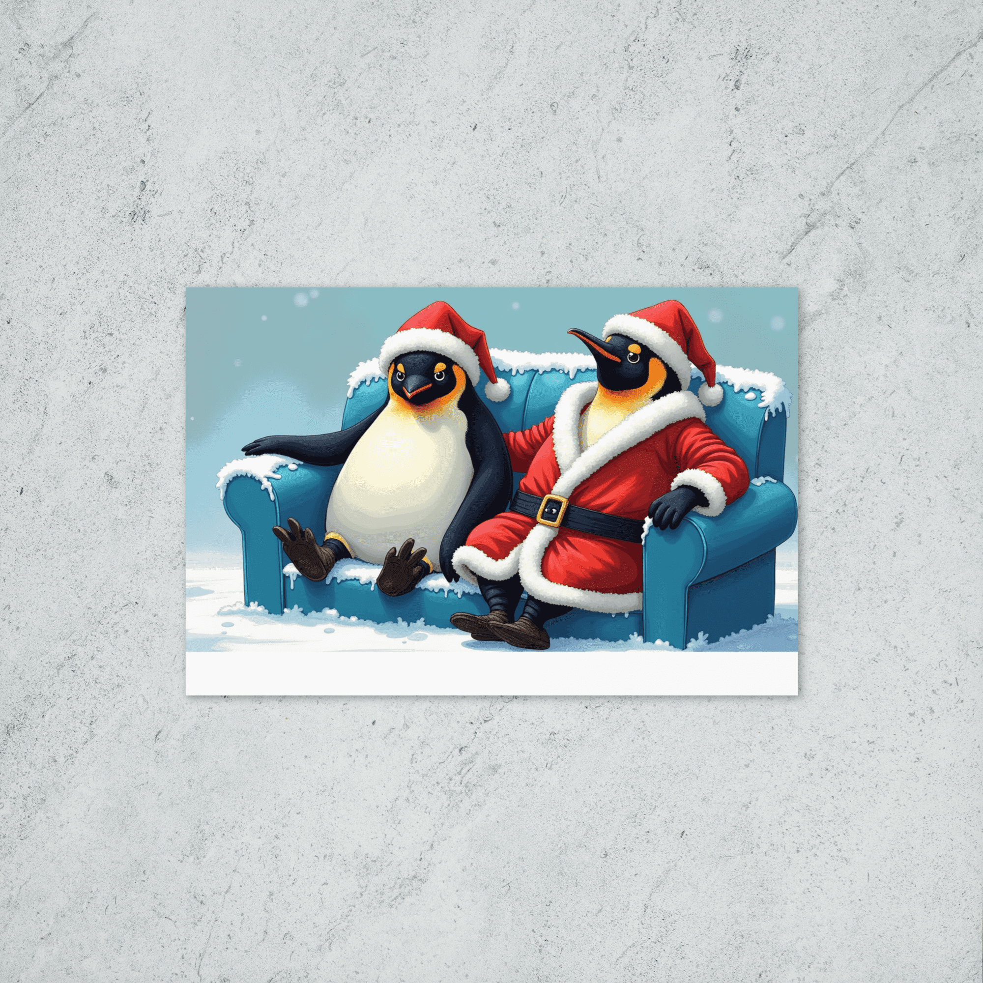 A holiday card featuring two penguins sitting on a blue couch in the snow. The penguin on the left is wearing a Santa hat, and the penguin on the right has a matching hat and Santa coat.