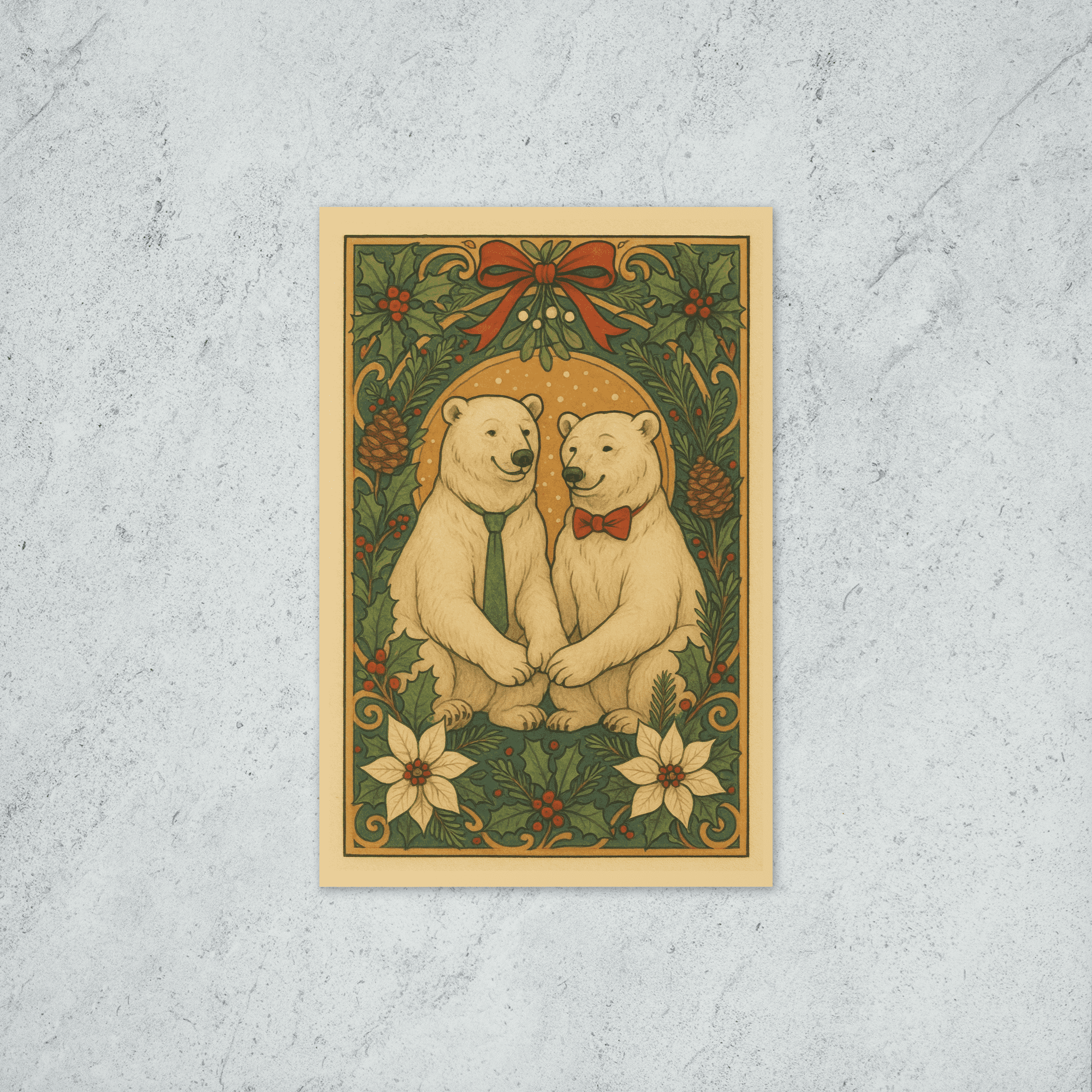 An art nouveau Christmas Card featuring two male polar bears, one with a green long tie and one with a red bow tie, sitting together surrounded by Christmas decor.