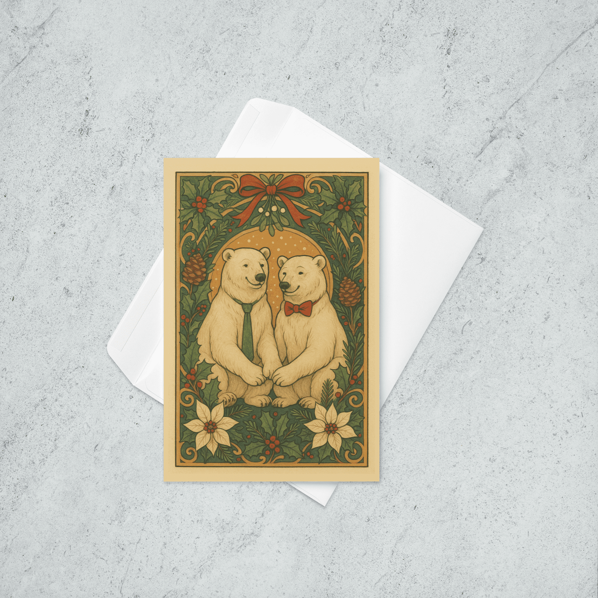 An art nouveau Christmas Card featuring two male polar bears, one with a green long tie and one with a red bow tie, sitting together surrounded by Christmas decor.