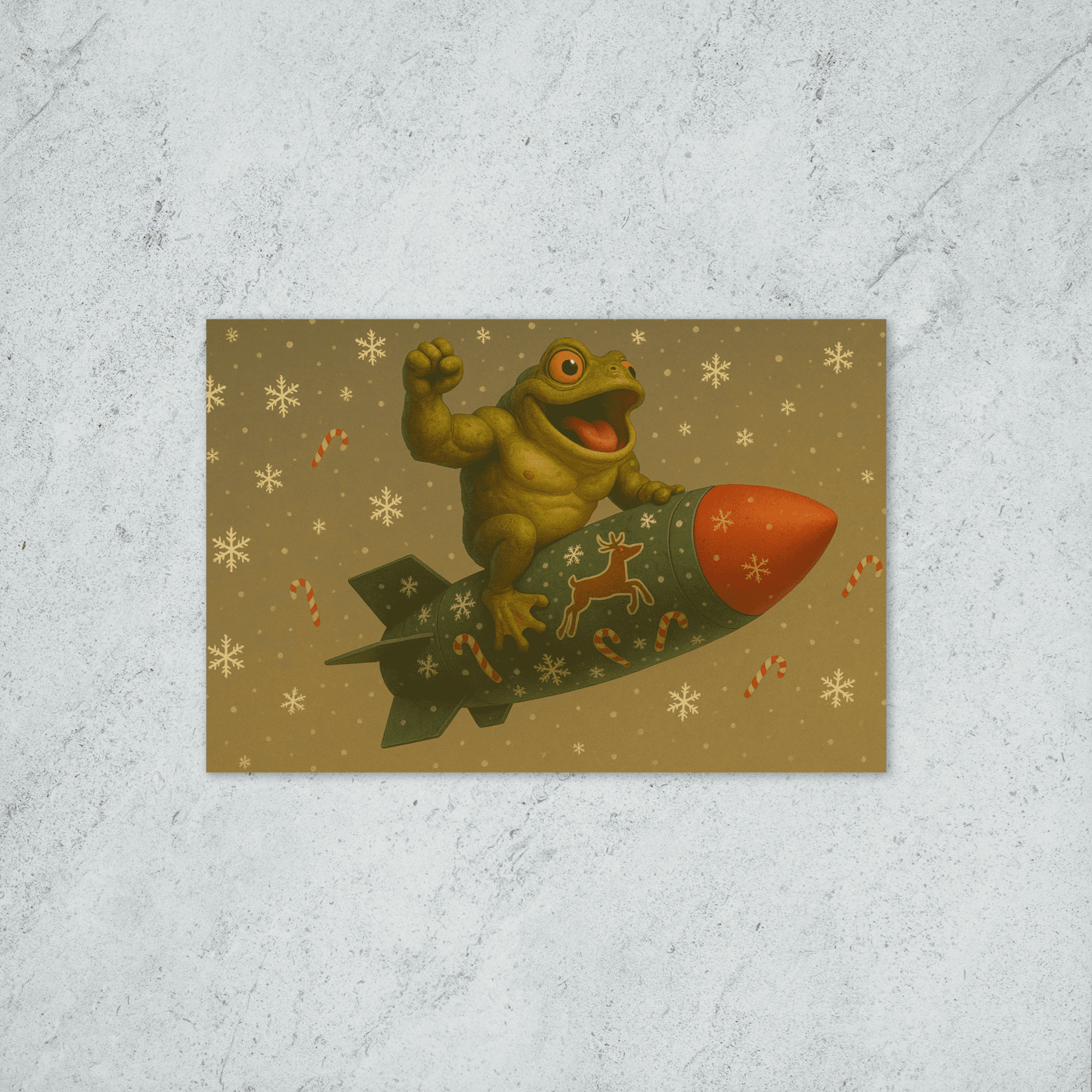 A Christmas card featuring a strong, anthropomorphic toad sitting on a flying missile decorated for the holidays, surrounded by candy canes and snowflakes.