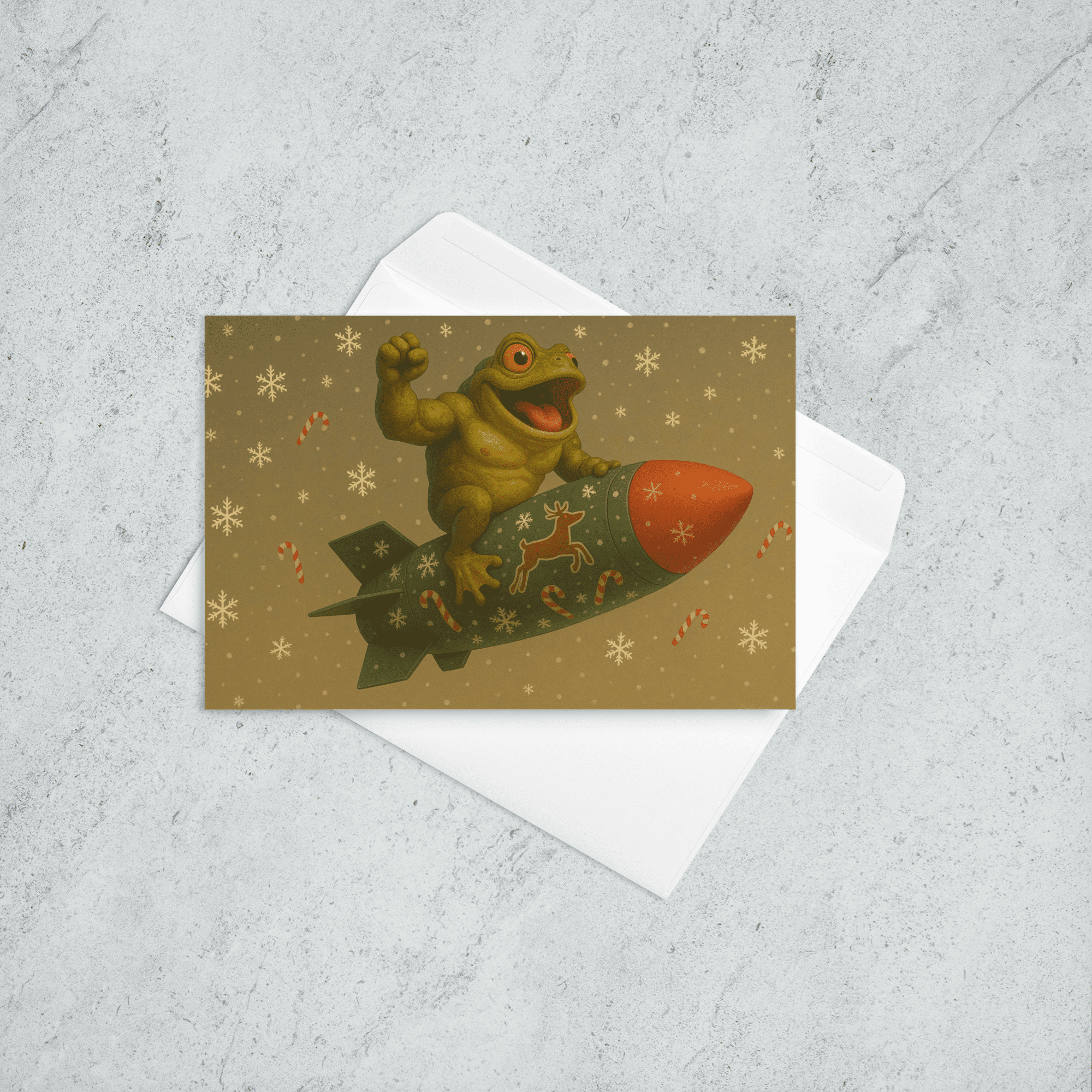 A Christmas card featuring a strong, anthropomorphic toad sitting on a flying missile decorated for the holidays, surrounded by candy canes and snowflakes.