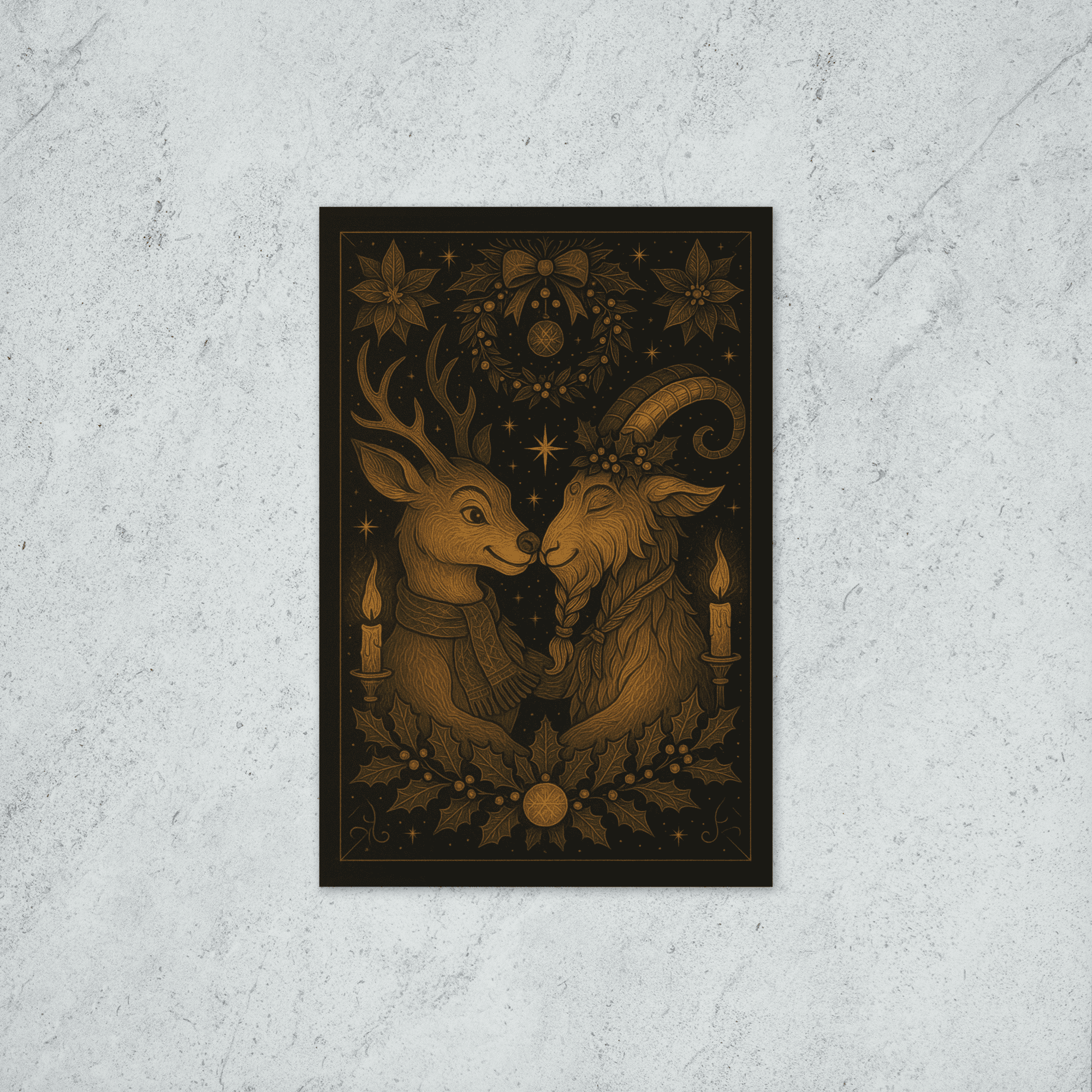 A holiday card featuring a reindeer and a yule goat smiling at each other and surrounded by festive decorations.