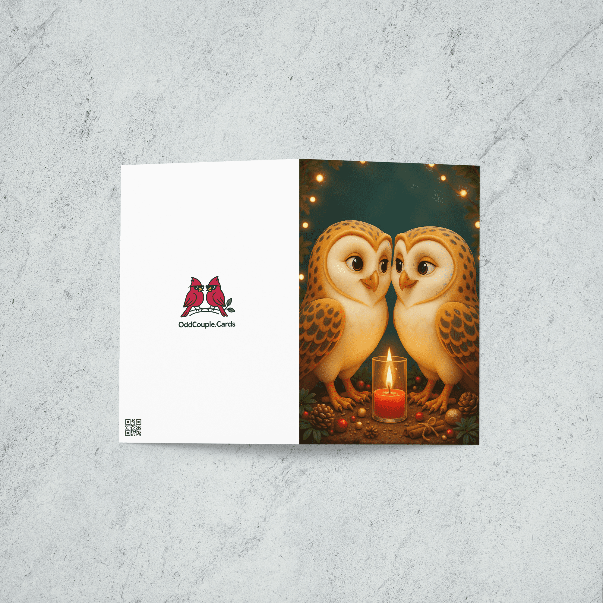 A Christmas card featuring two owls looking at each other lovingly as they stand on a tree stump decorated with a red votive candle.