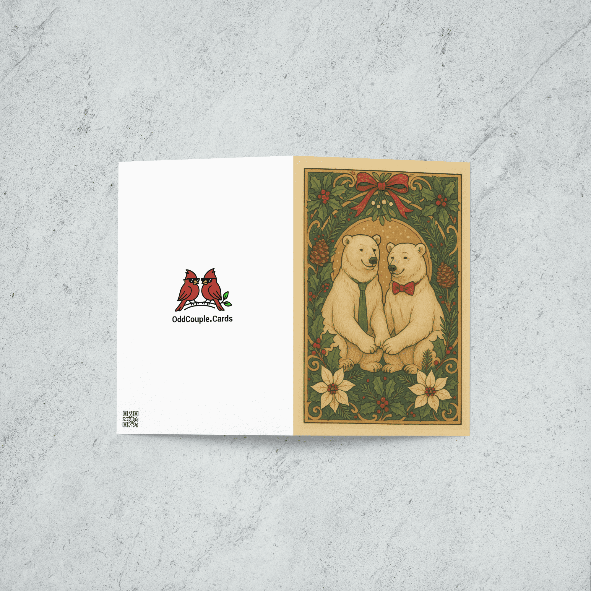 An art nouveau Christmas Card featuring two male polar bears, one with a green long tie and one with a red bow tie, sitting together surrounded by Christmas decor. The backside of the card features the OddCouple.Cards logo.