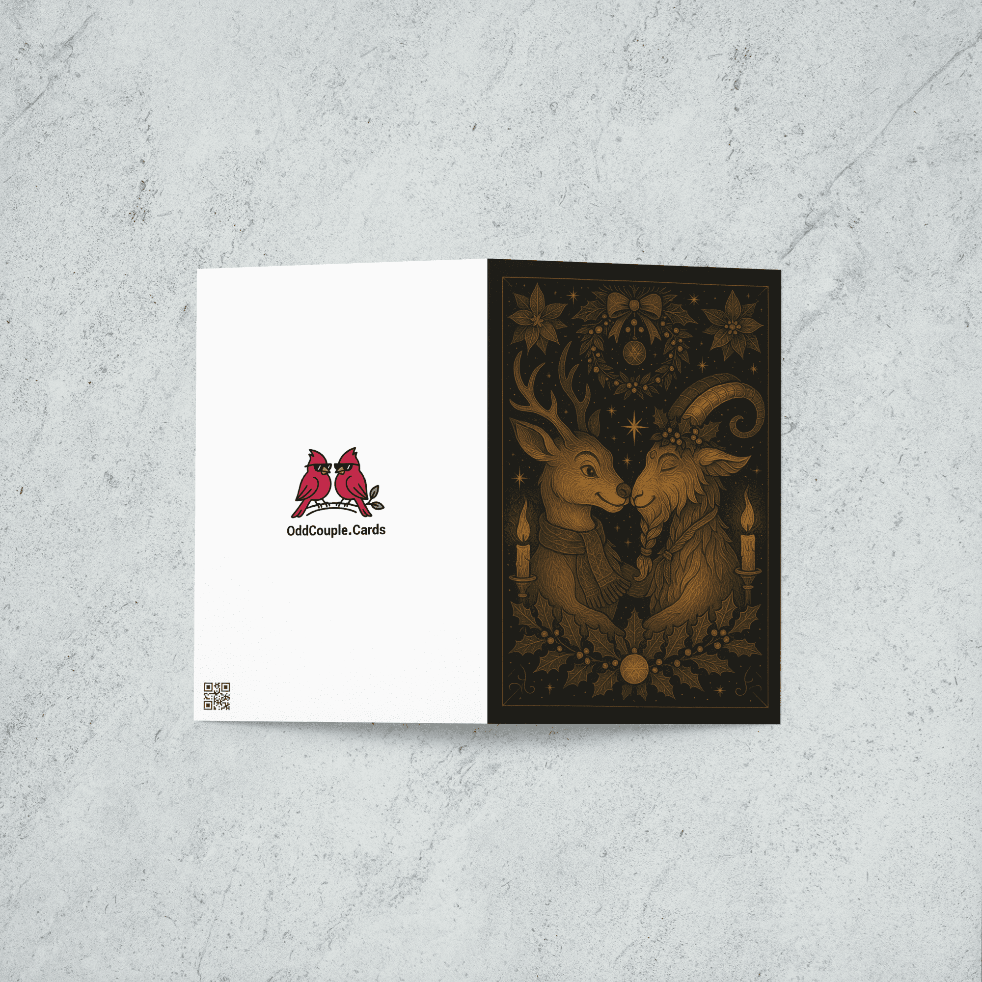 A holiday card featuring a reindeer and a yule goat smiling at each other and surrounded by festive decorations. Back of card features the OddCouple.Cards logo.