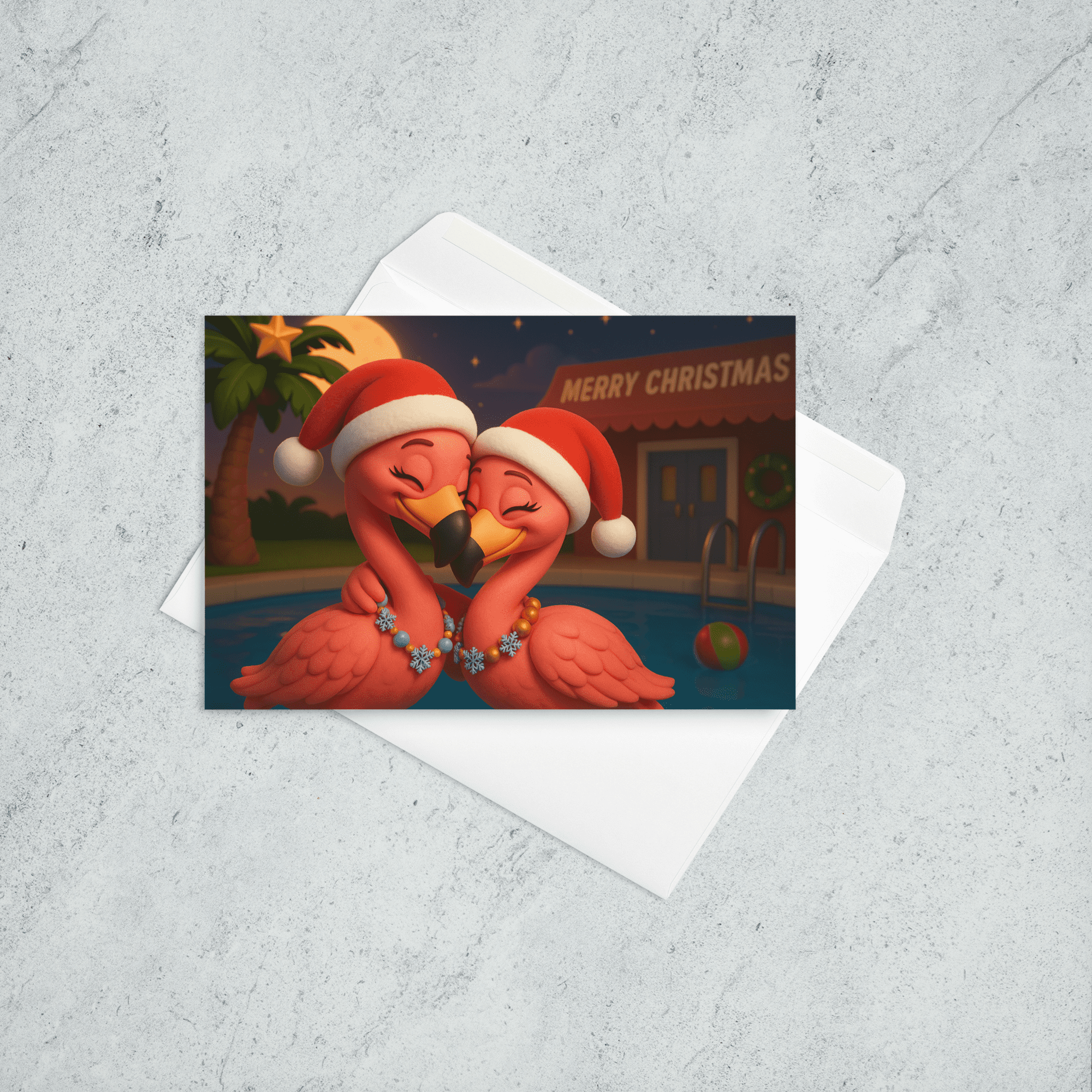 A Christmas card featuring two pink flamingos wearing red hats and snowflake necklaces in front of a pool and a palm tree decorated with a star.