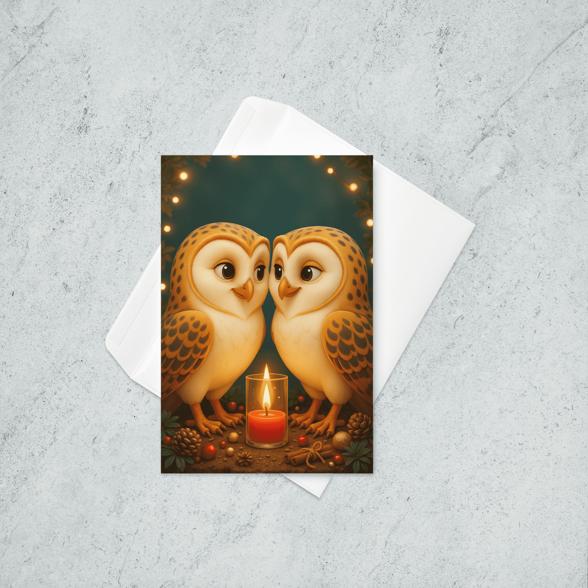 A Christmas card featuring two owls looking at each other lovingly as they stand on a tree stump decorated with a red votive candle.